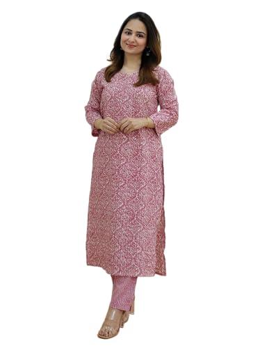 klosia women embroidery with printed kurta and pant set (large) pink