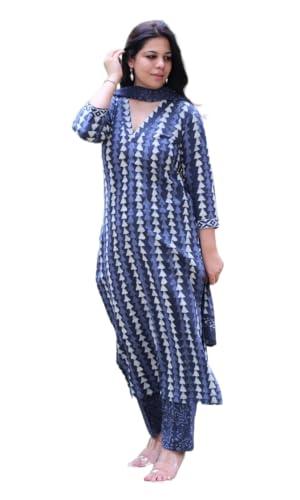 klosia women indigo printed kurta and pant set with dupatta (large)