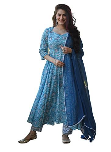 klosia women printed anarkali kurta and pant set with dupatta (x-large) sea green