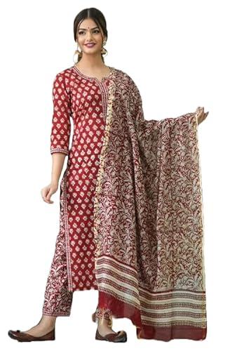 klosia women printed kurta and pant set with dupatta (large) maroon