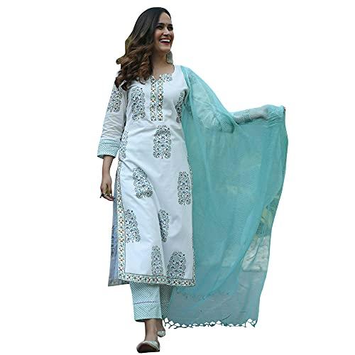 klosia women pure cotton printed straight kurta with pant & dupatta suit (large)