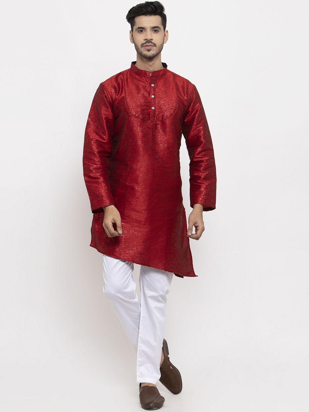 klotthe men maroon & silver-toned printed cotton silk kurta