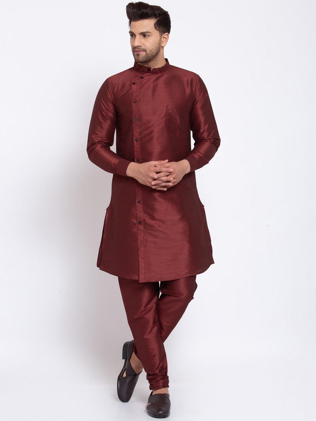 klotthe men maroon solid straight cotton silk kurta
