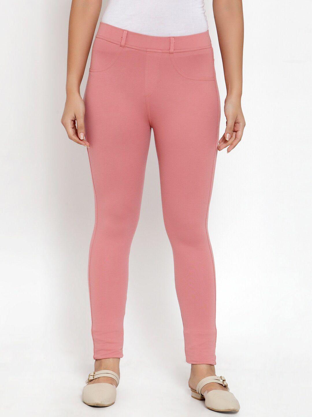 klotthe women peach colored solid skinny-fit jeggings