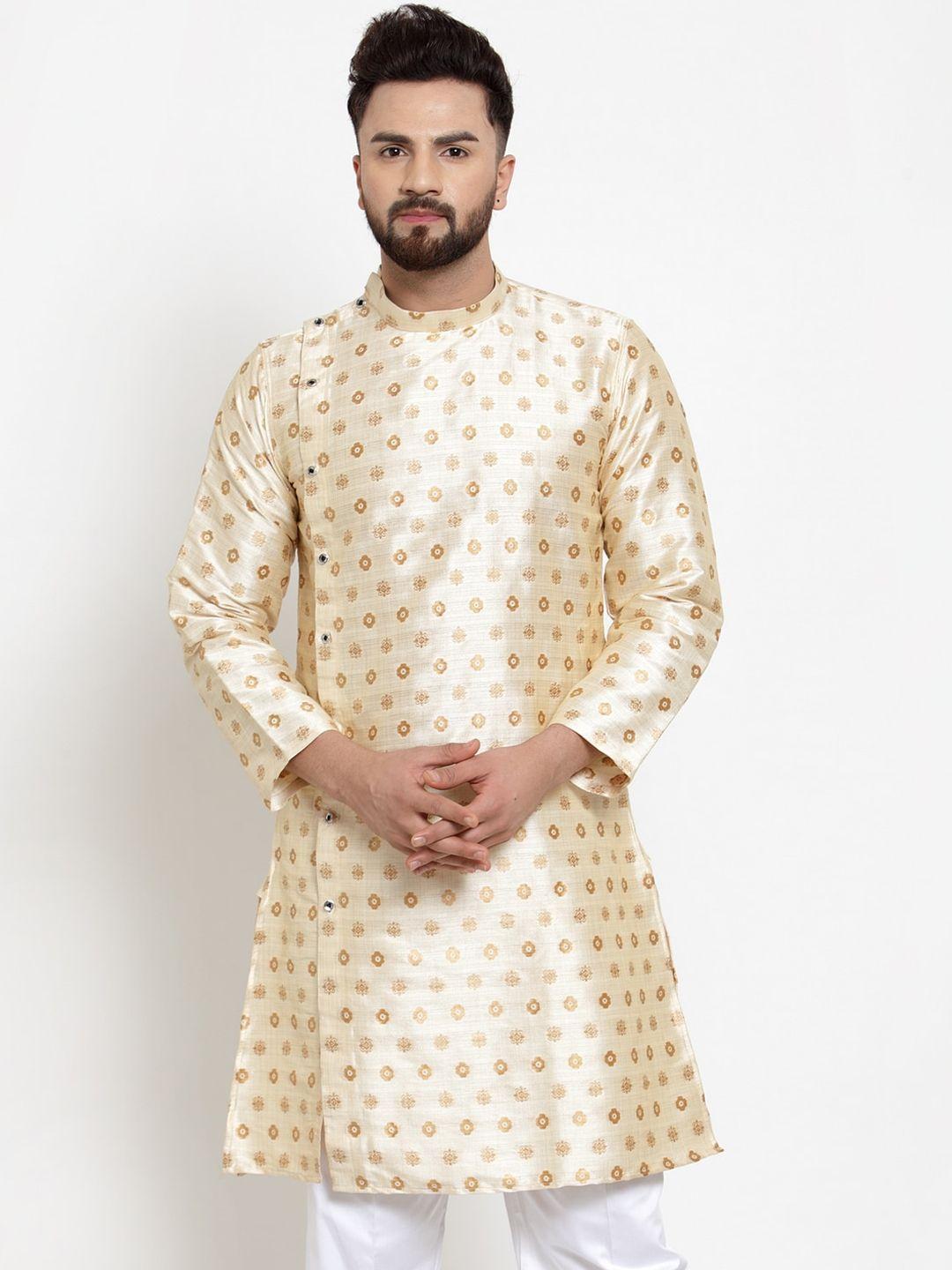 klotthe men beige & mustard brown printed kurta with churidar