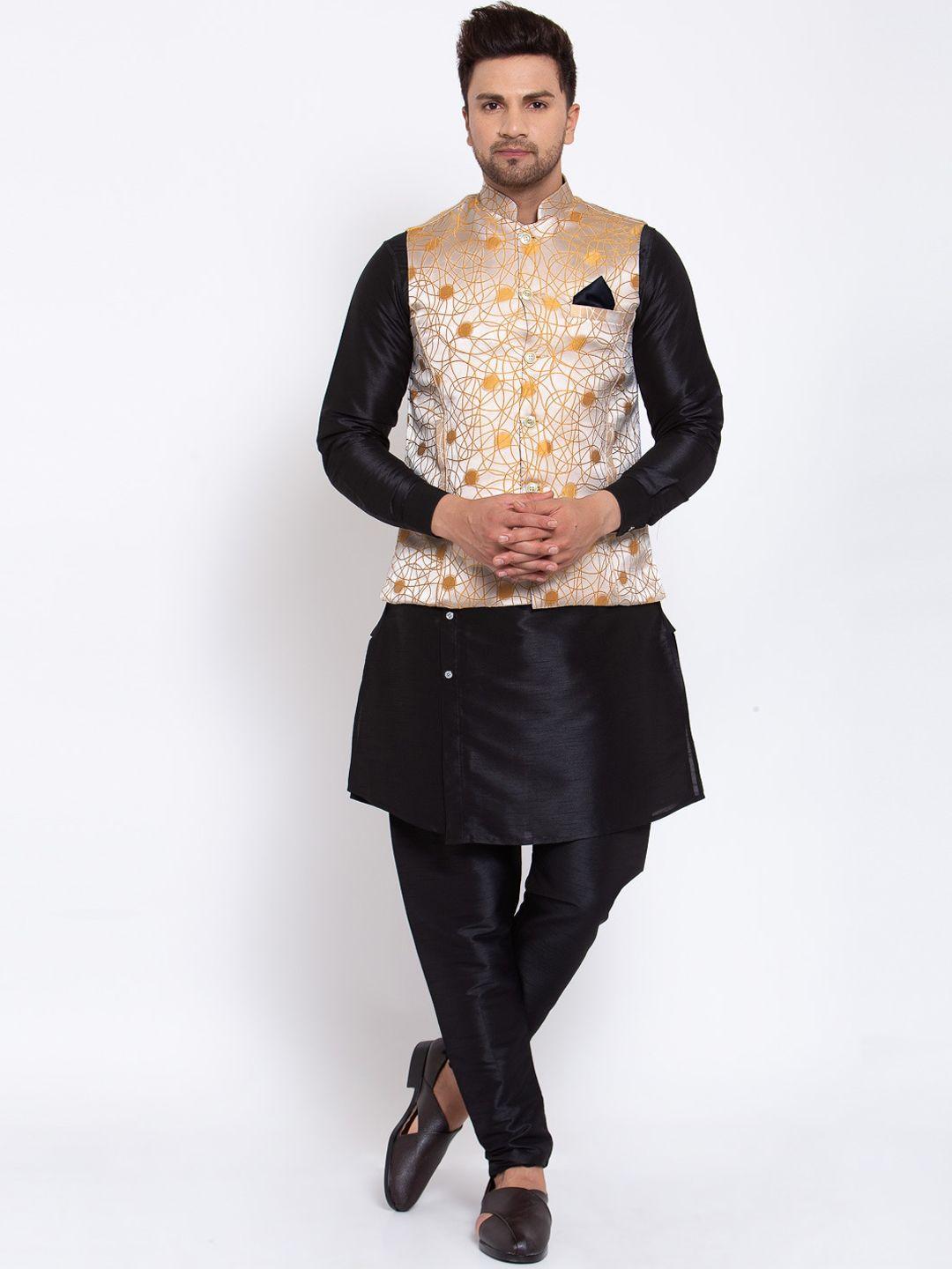 klotthe men black cotton silk kurta with churidar & nehru jacket