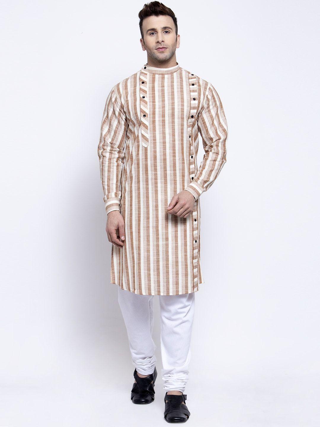 klotthe men brown & white striped kurta with churidar pyjamas