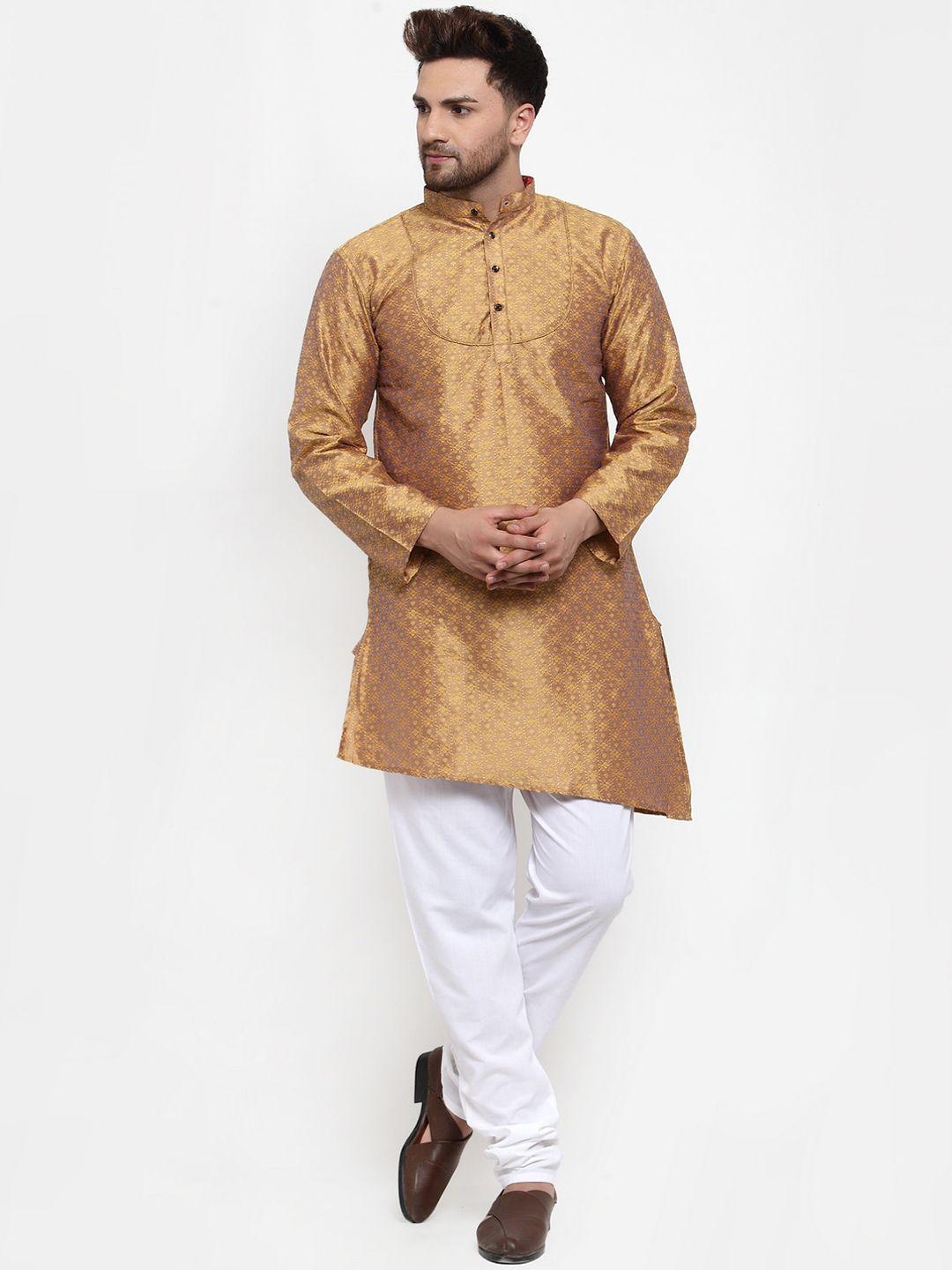 klotthe men copper-toned woven asymmetric silk kurta