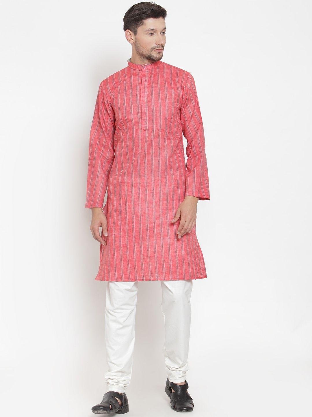 klotthe men peach-coloured & white striped regular pure cotton kurta with pyjamas