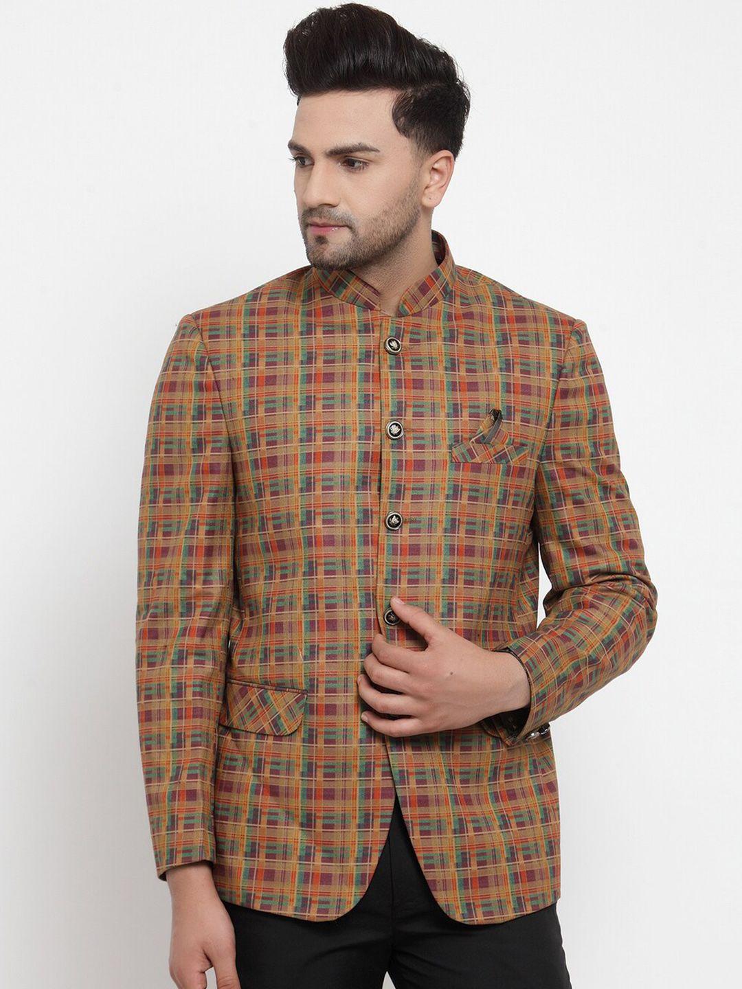 klotthe men tan-brown & orange checked slim-fit formal bandhgala blazer