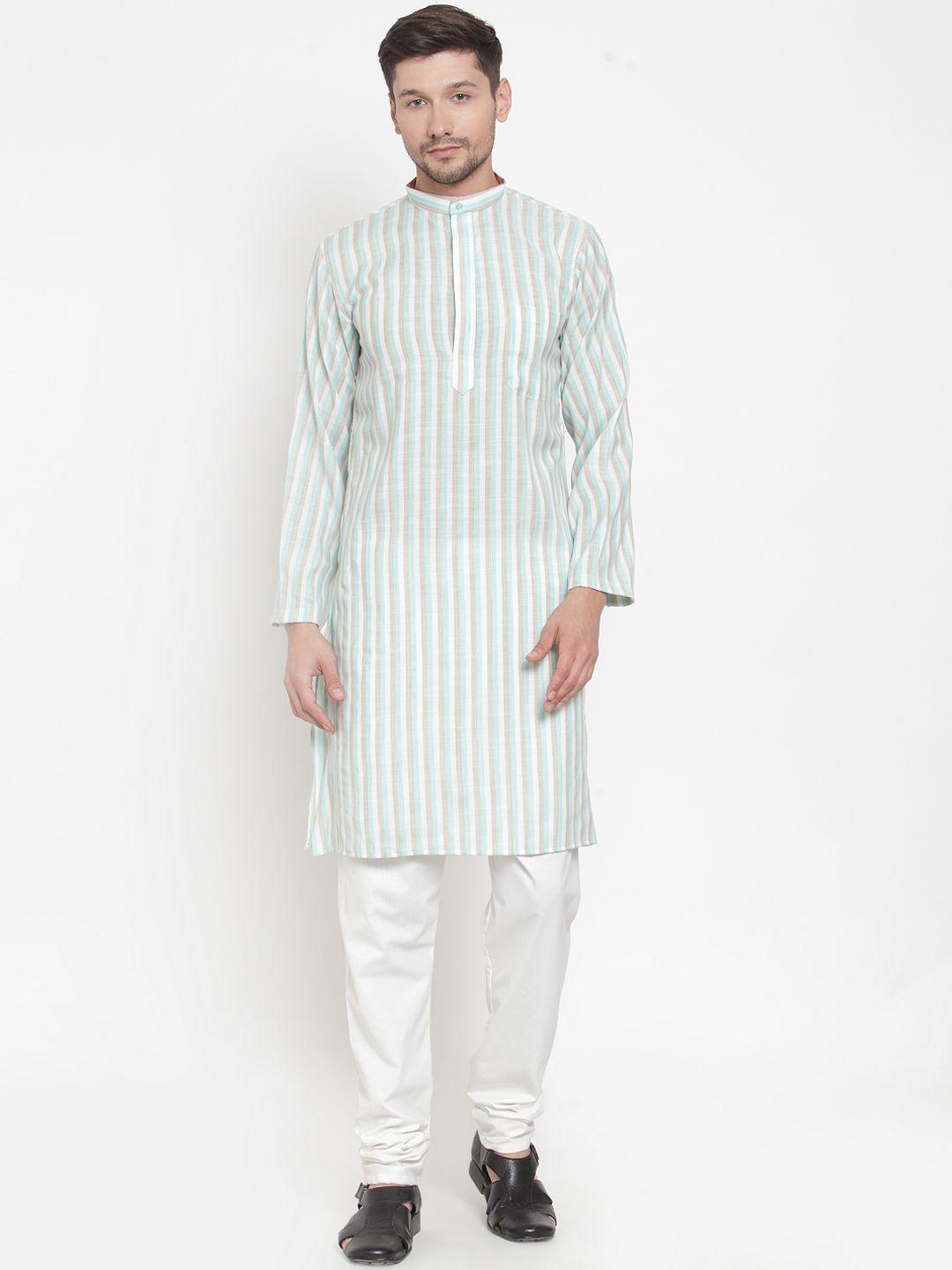 klotthe men white & green striped straight kurta