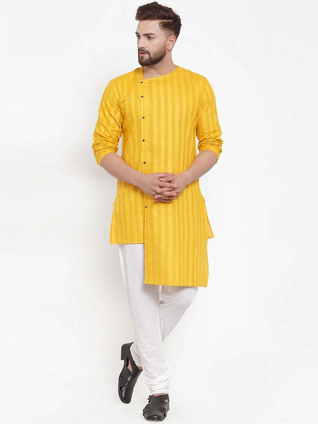 klotthe men yellow & white striped kurta with pyjamas