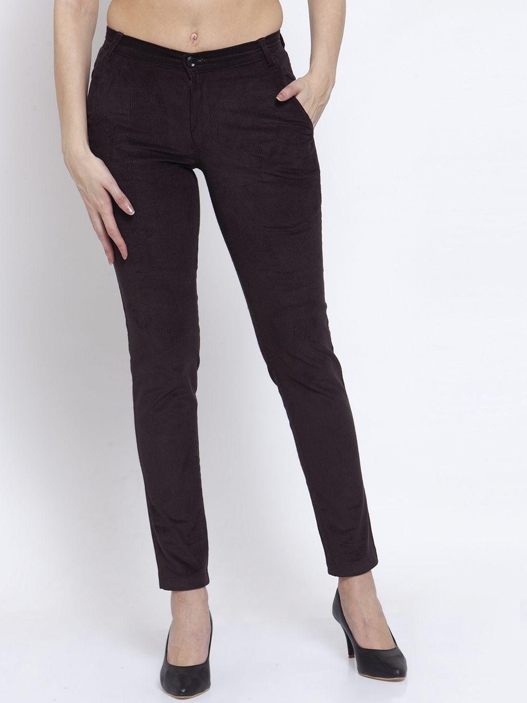 klotthe women brown slim fit solid cotrise fabric trousers