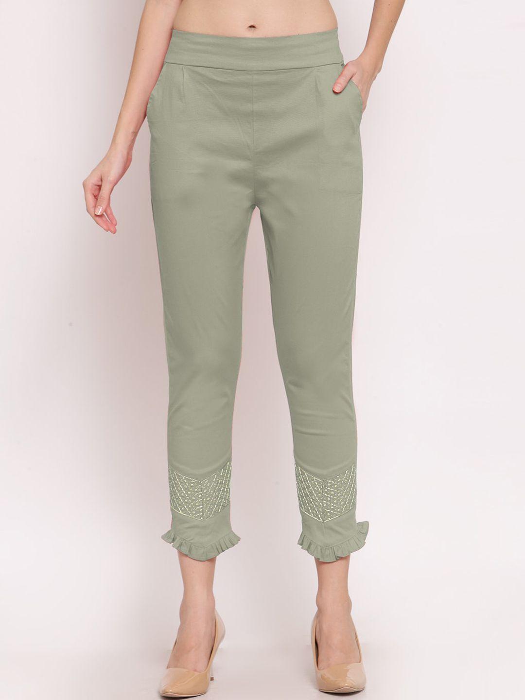 klotthe women green smart slim fit trousers