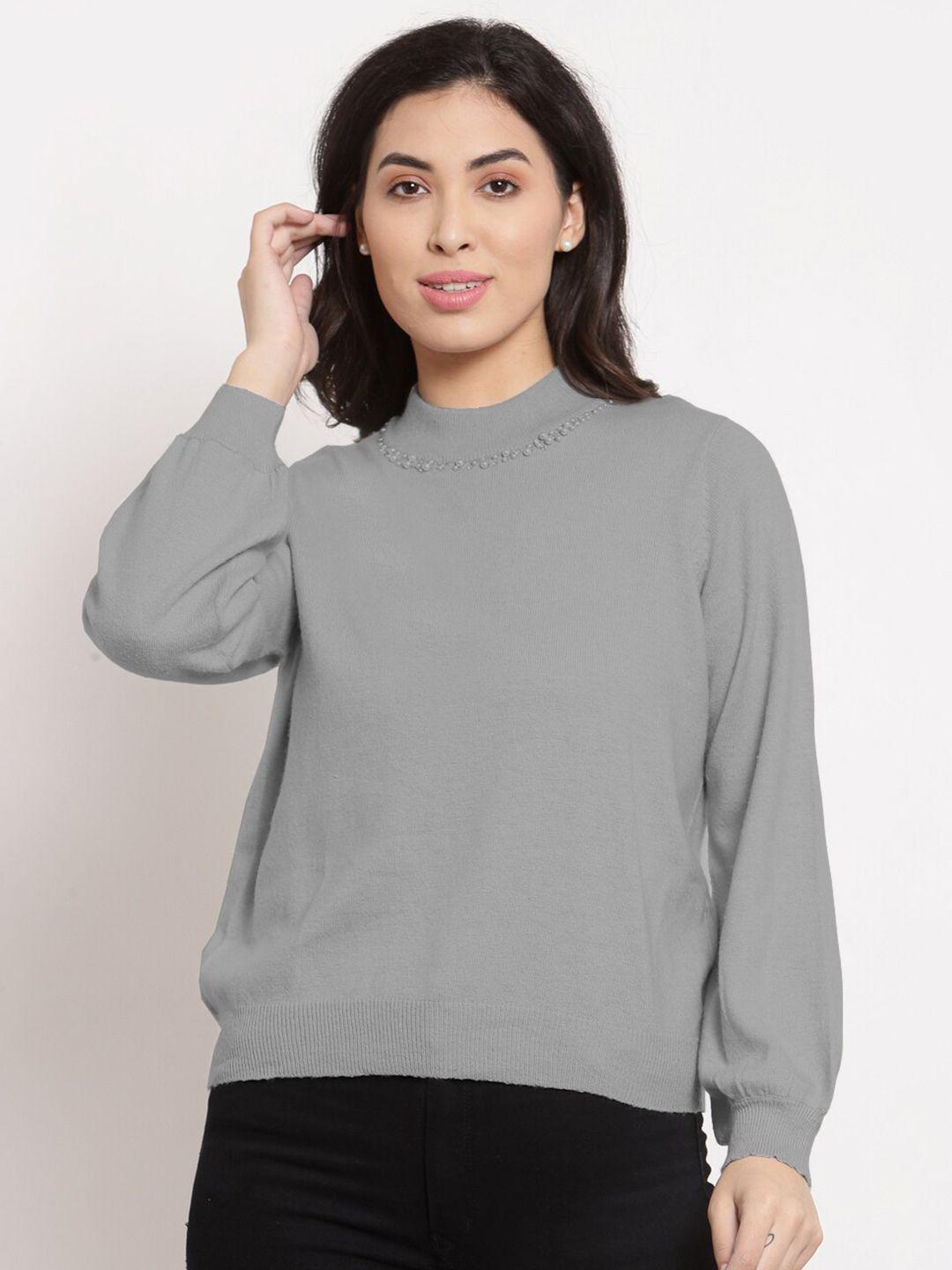 klotthe women grey solid pullover woolen sweater
