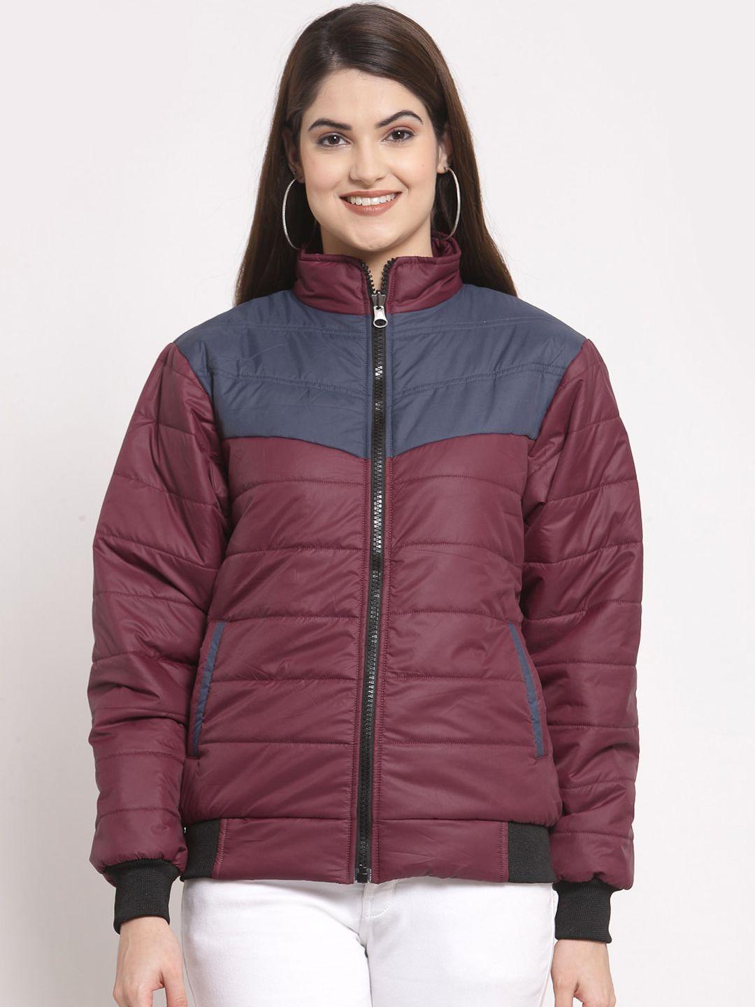 klotthe women maroon colourblocked outdoor quilted jacket