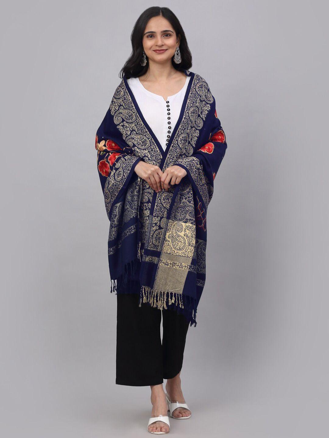 klotthe women navy blue & pink embroidered woolen stole