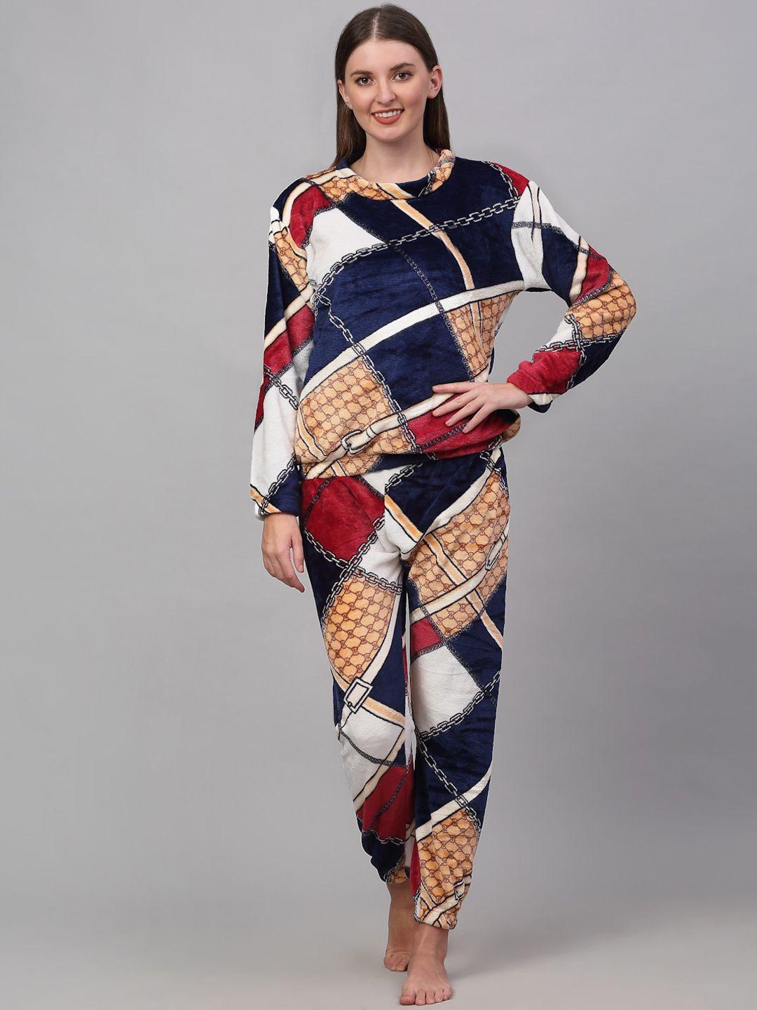 klotthe women navy blue & red colourblocked woolen night suit