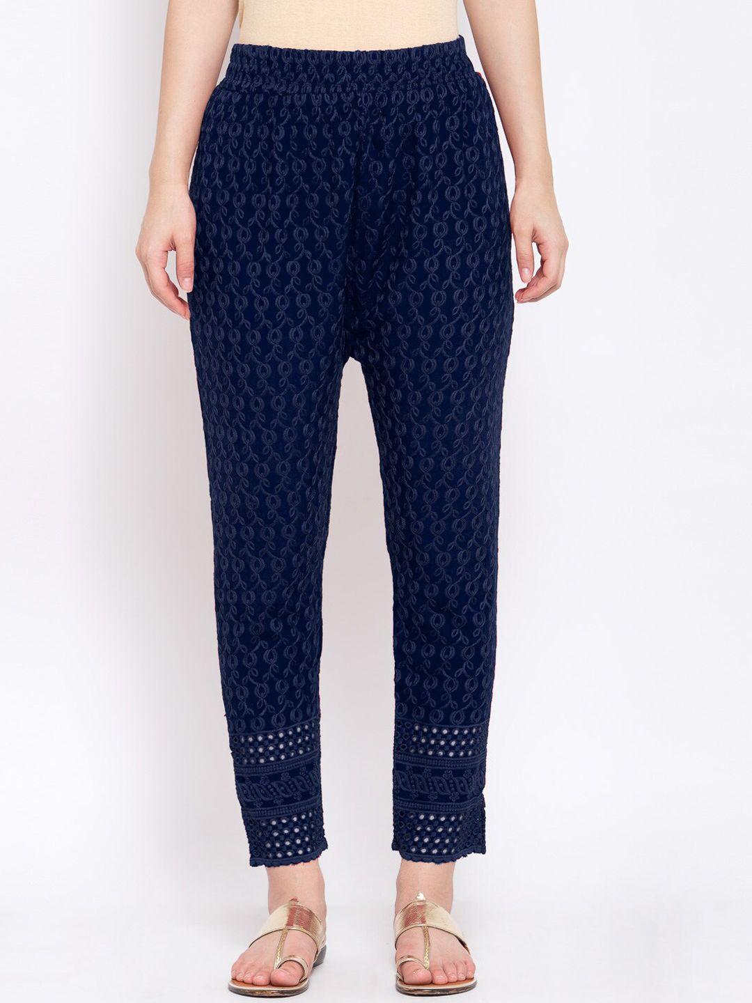 klotthe women navy blue cotton embroidered cotton slim fit trouser