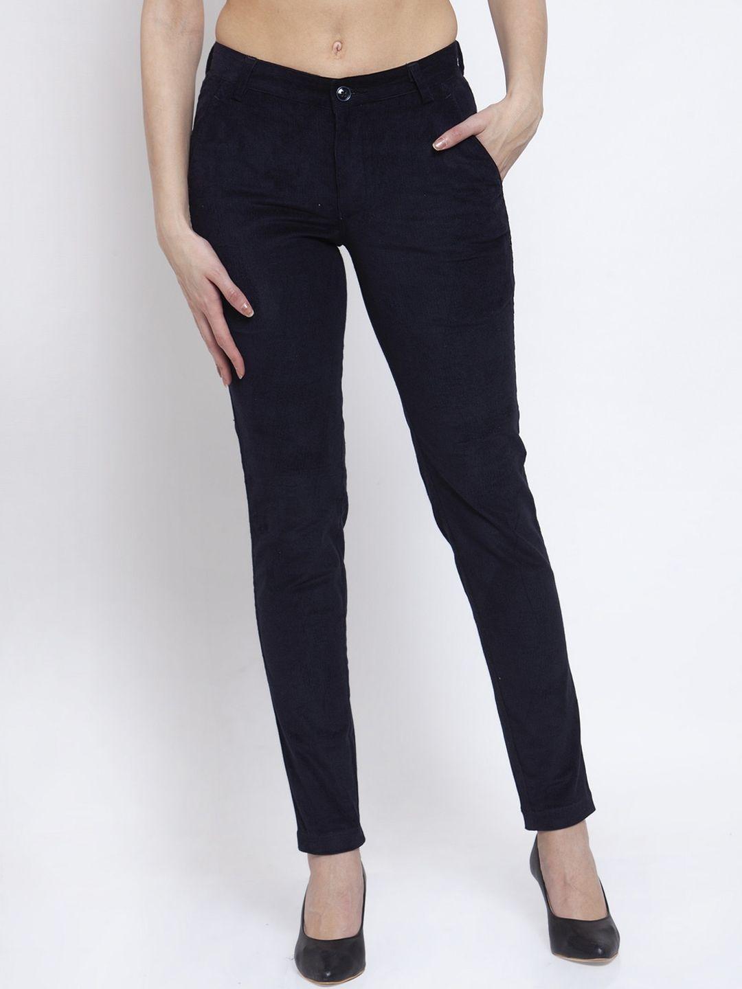 klotthe women navy blue slim fit solid cotrise fabric trousers
