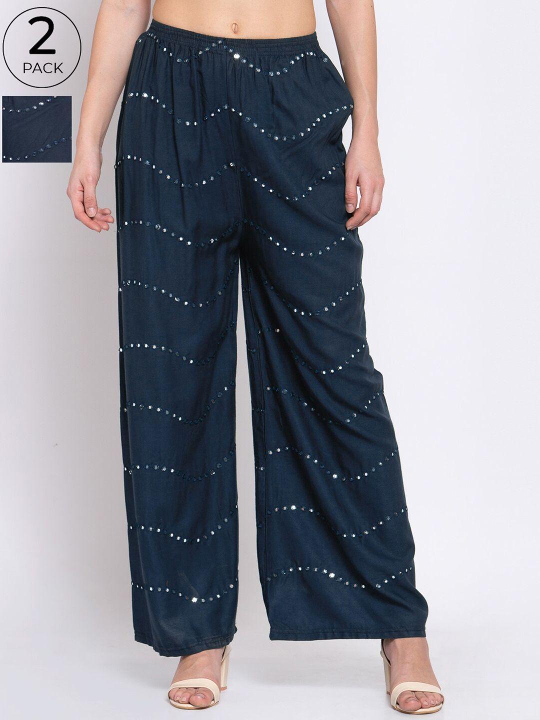 klotthe women pack of 2 blue & white embroidered wide leg palazzos