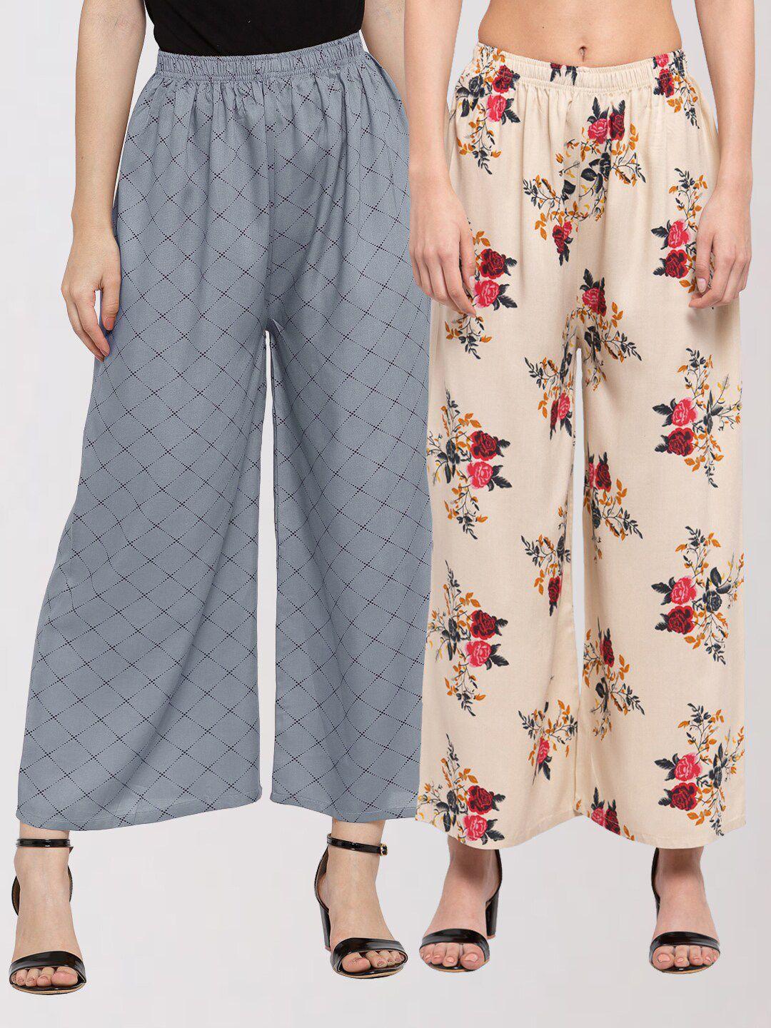 klotthe women pack of 2 grey & cream floral printed ethnic wide leg palazzos