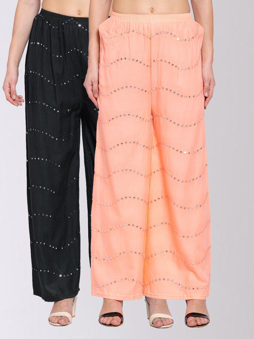 klotthe women pack of 2 multicoloured embroidered wide leg palazzos