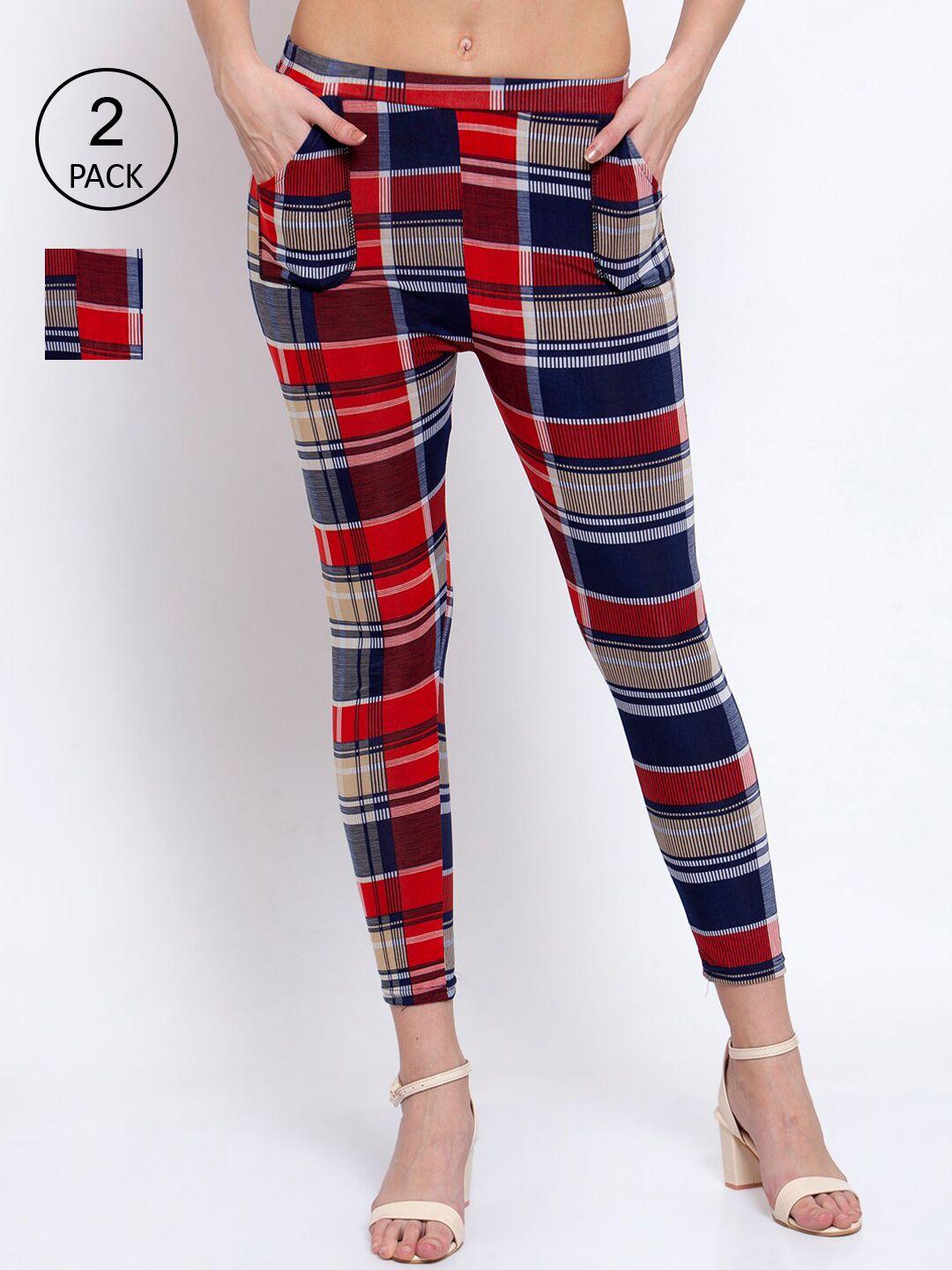 klotthe women pack of 2 red & blue checked ankle-length leggings