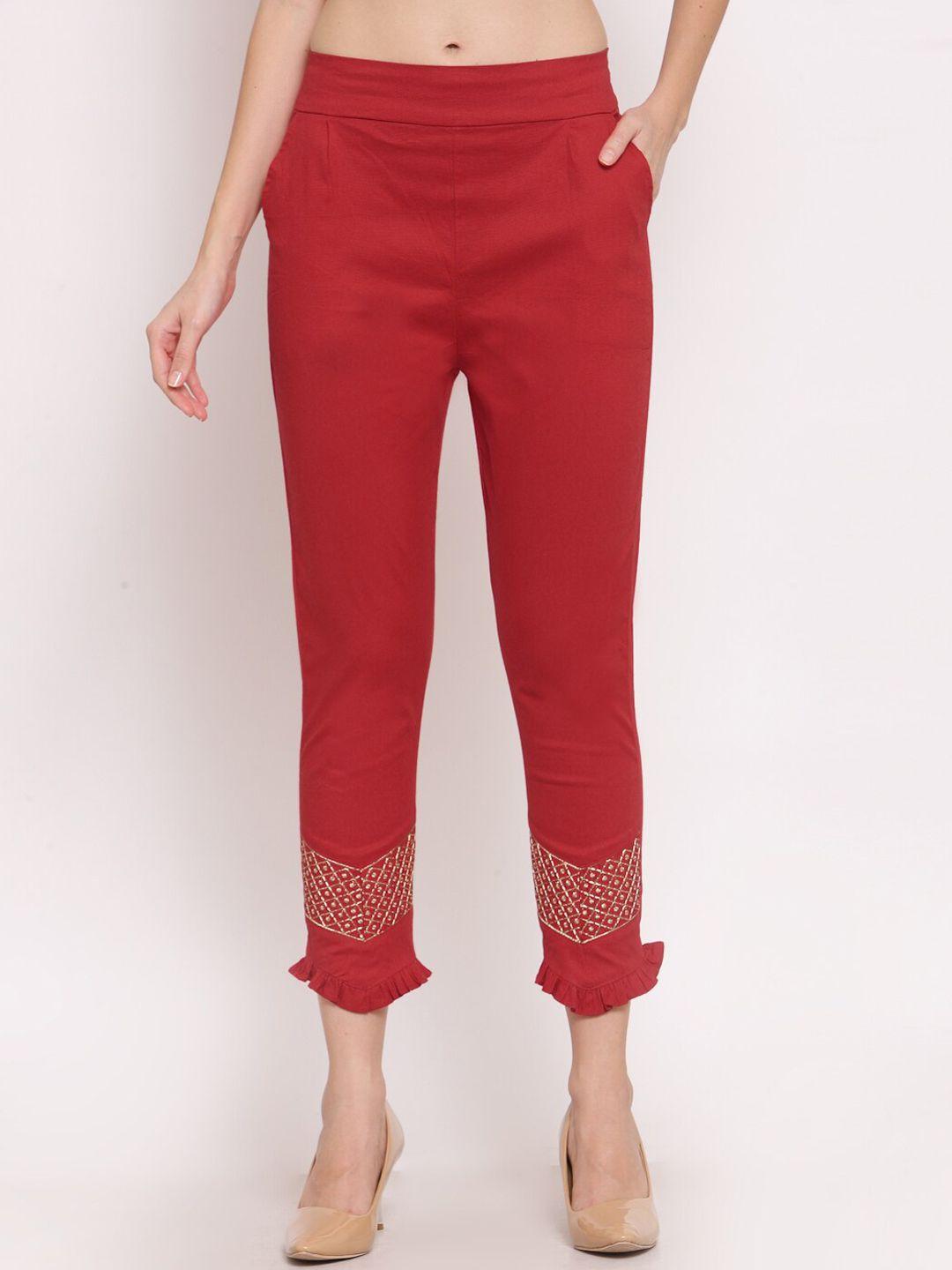 klotthe women red embroidered smart slim fit trouser