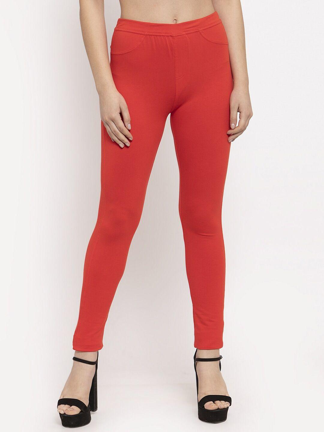 klotthe women red solid skinny-fit jeggings