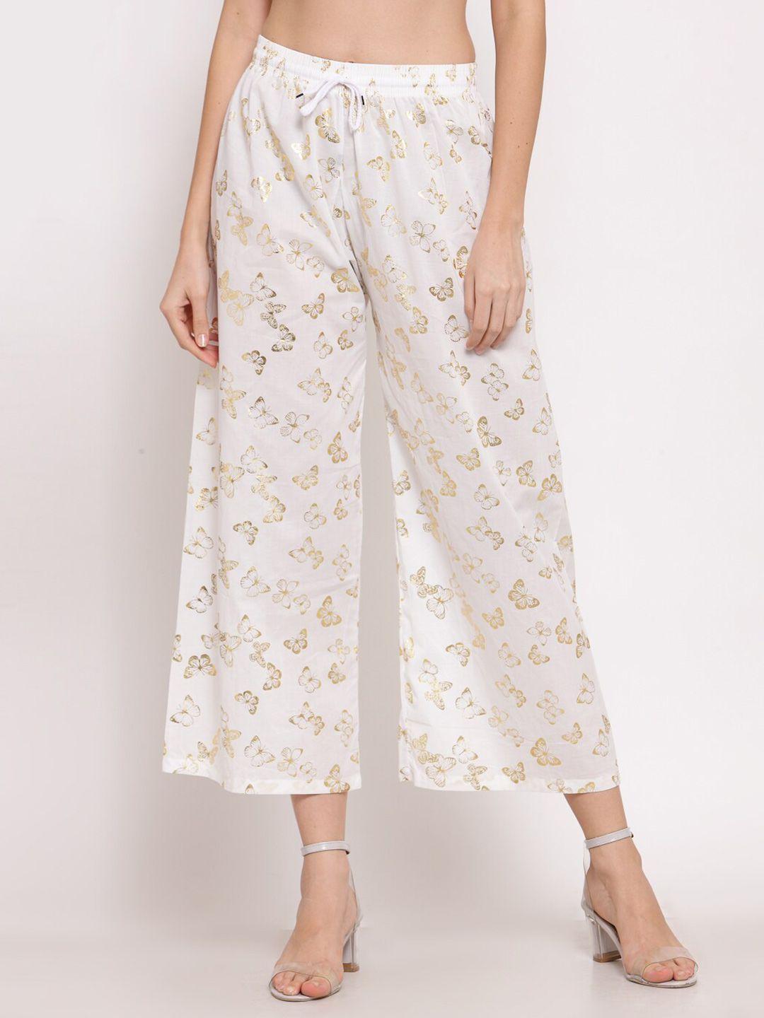klotthe women white & gold-coloured butterfly printed ethnic palazzos