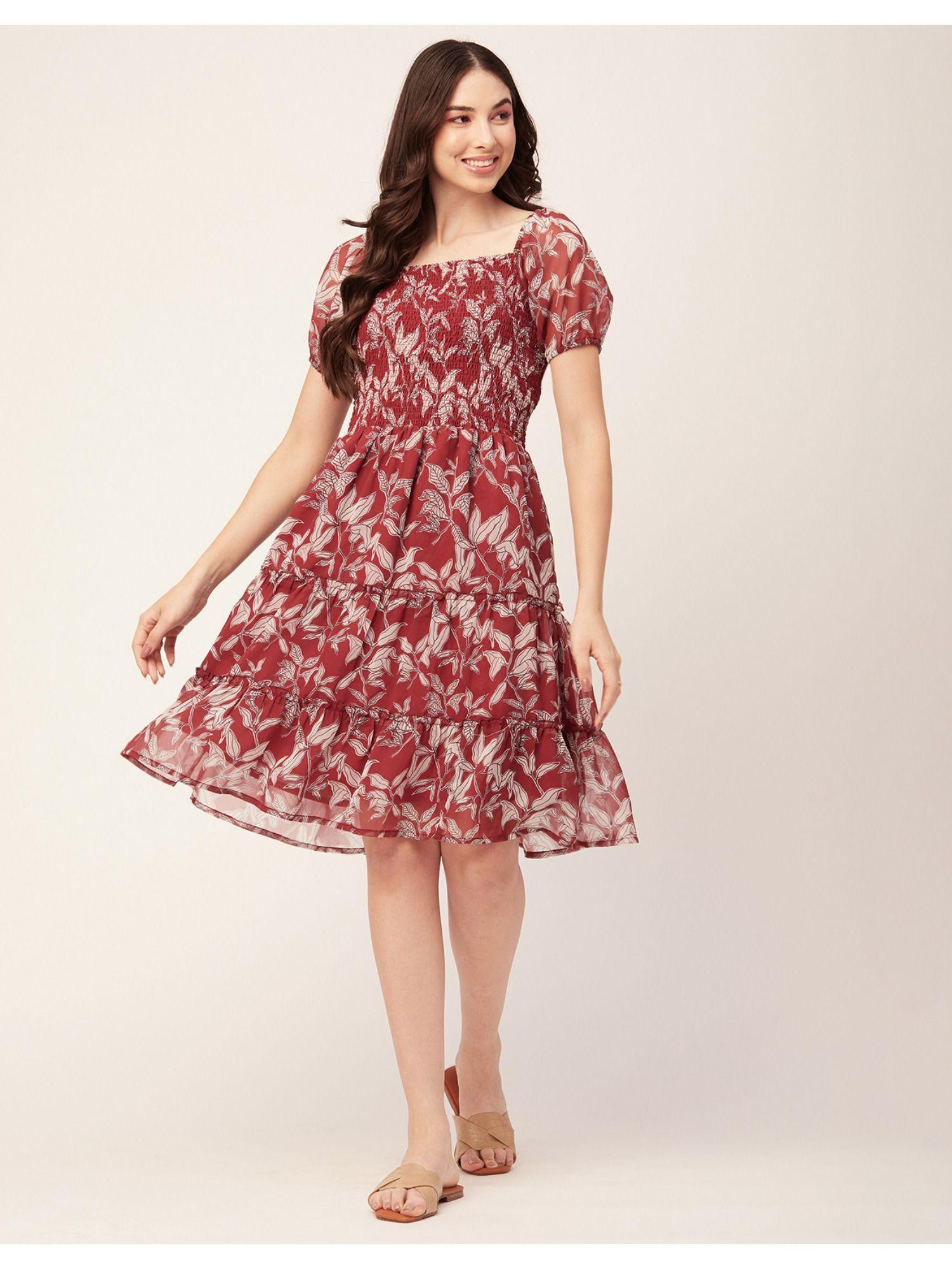 knee length smocked printed dress