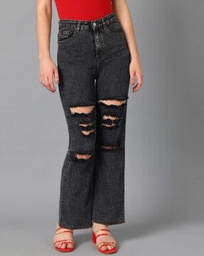 knee-slit high-rise straight jeans