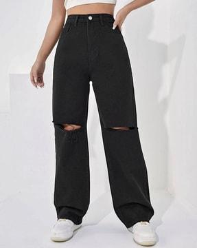 knee-slit straight fit jeans