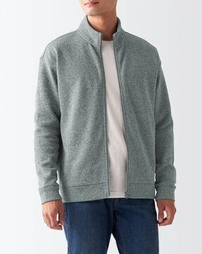 knit fleece stand collar zip-front jacket