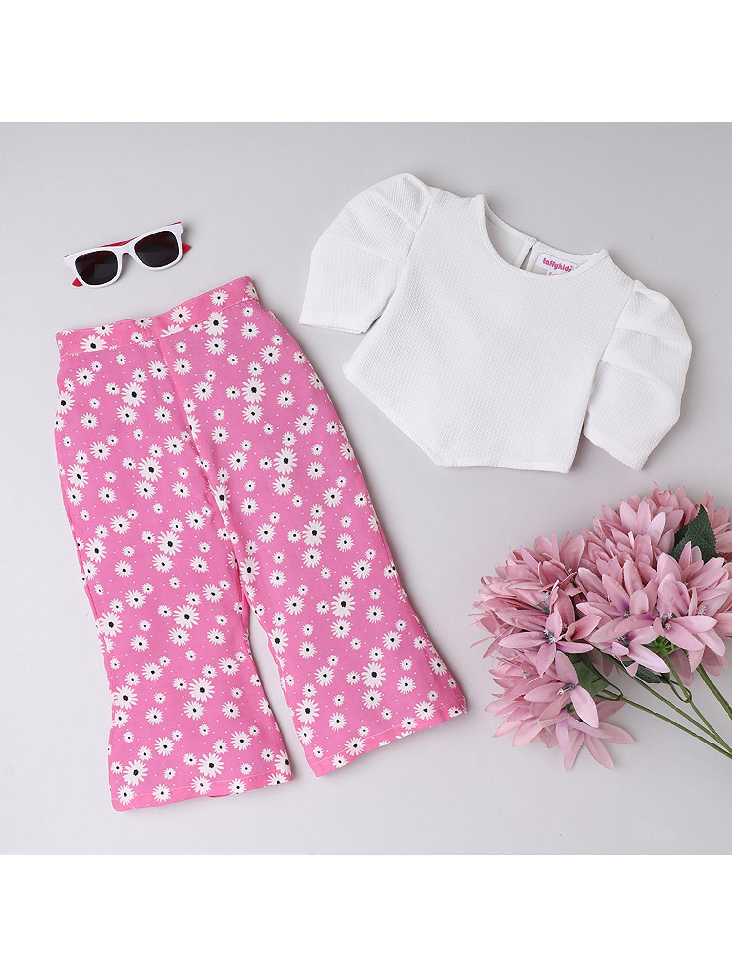 knit puff sleeves top and cotton floral printed pant - pink/ white (set of 2)