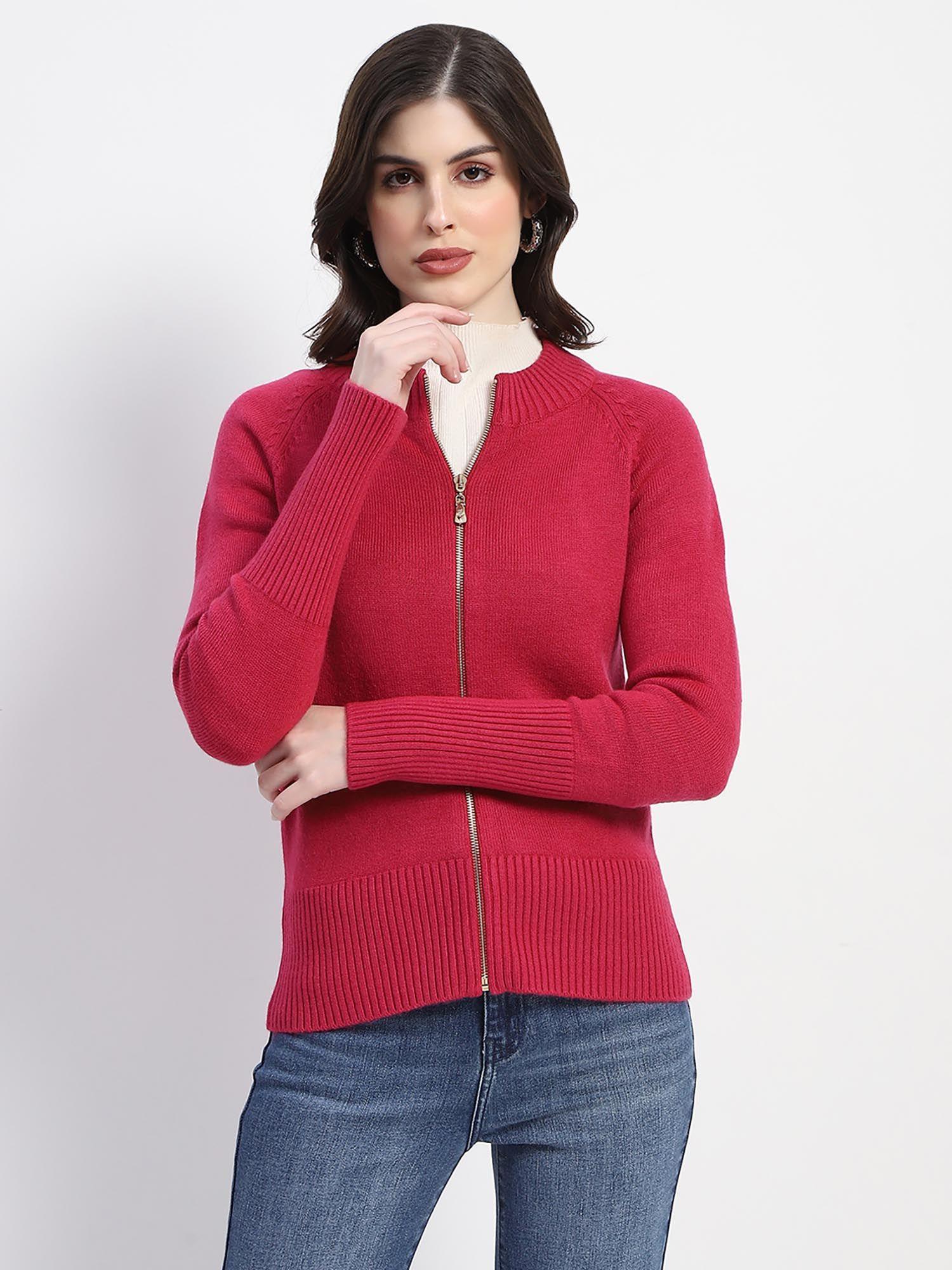 knit fuchsia mock neck cardigan