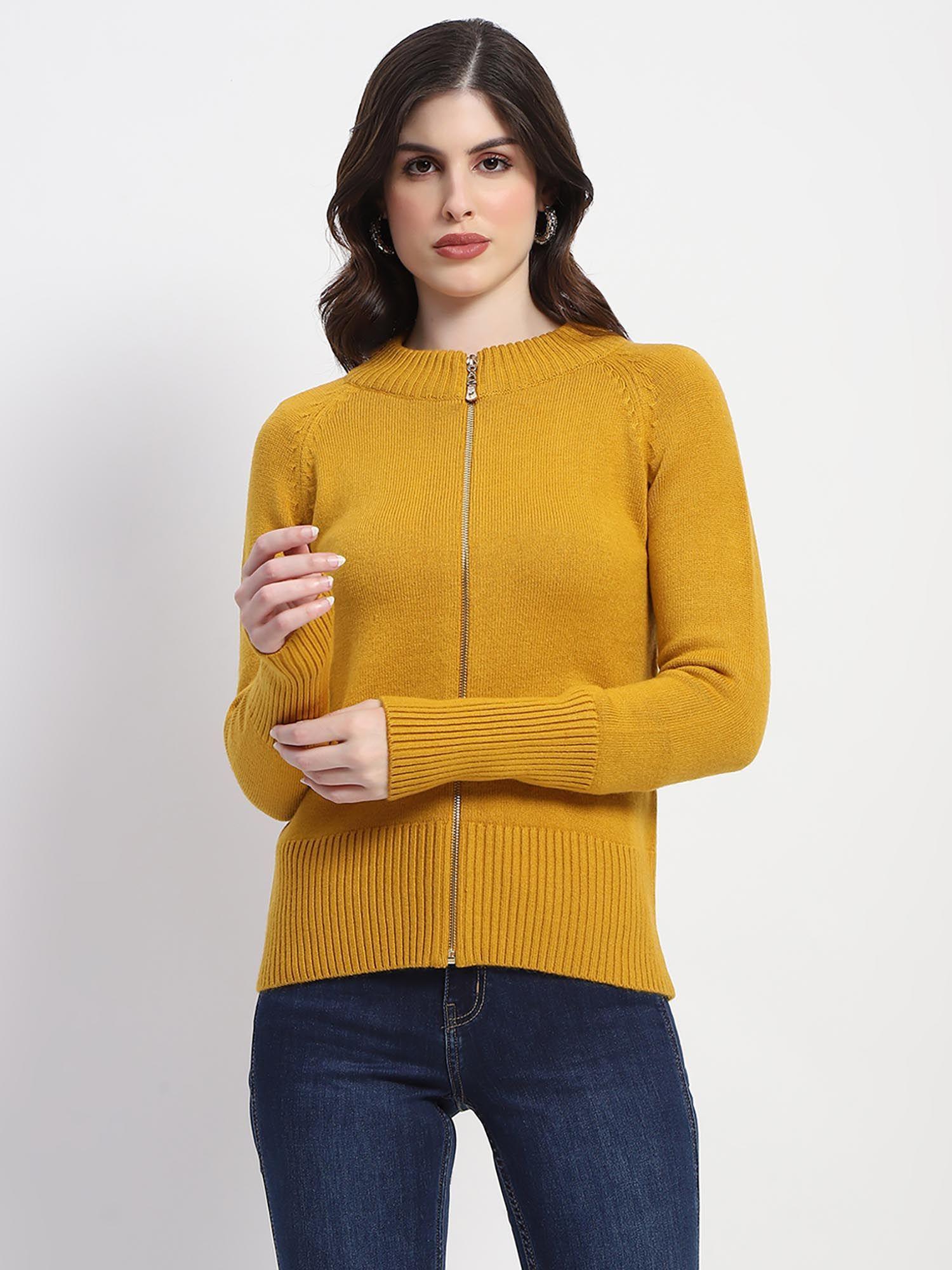 knit mustard mock neck cardigan