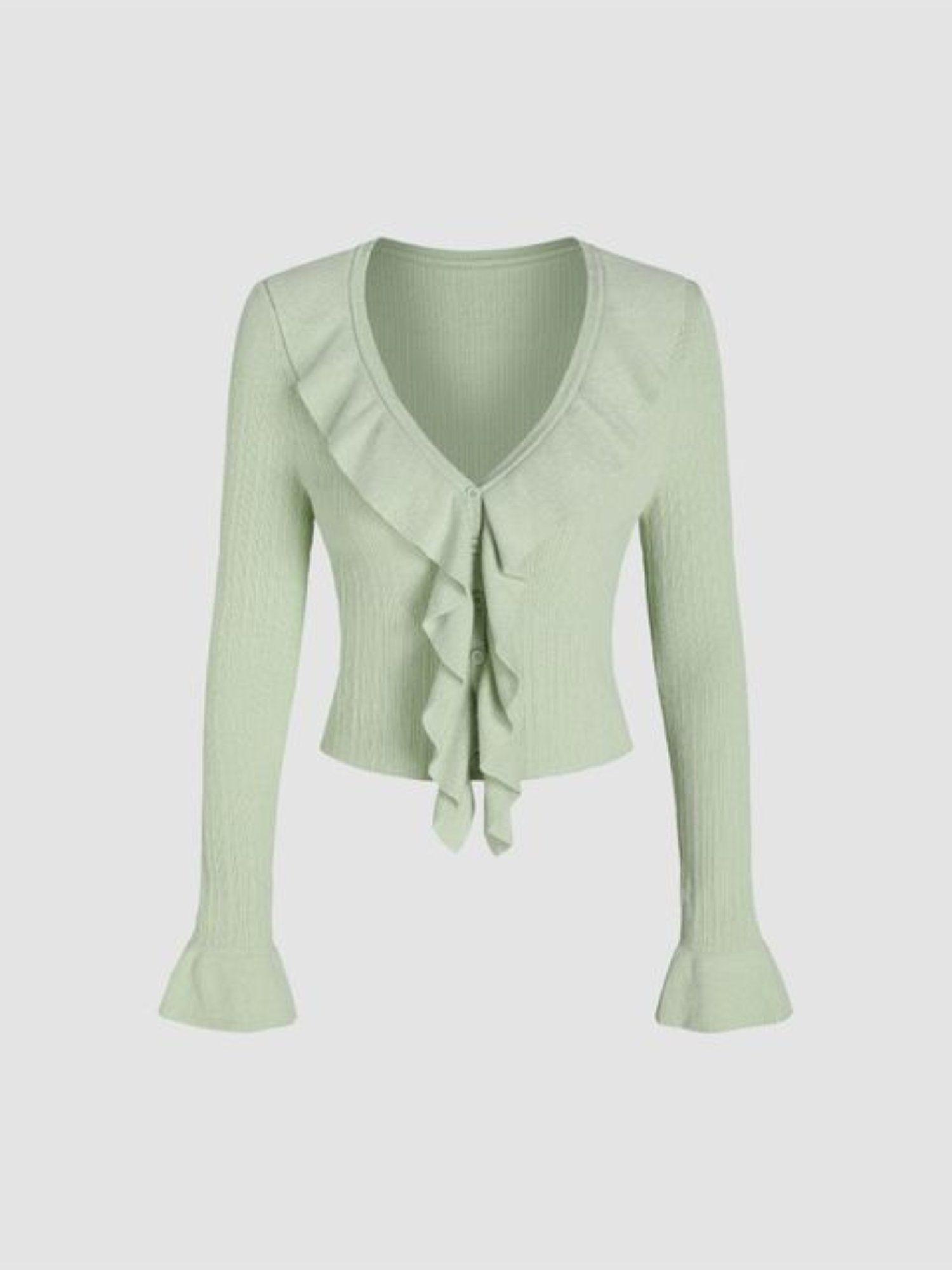 knit solid v neck ruffle trim cardigan