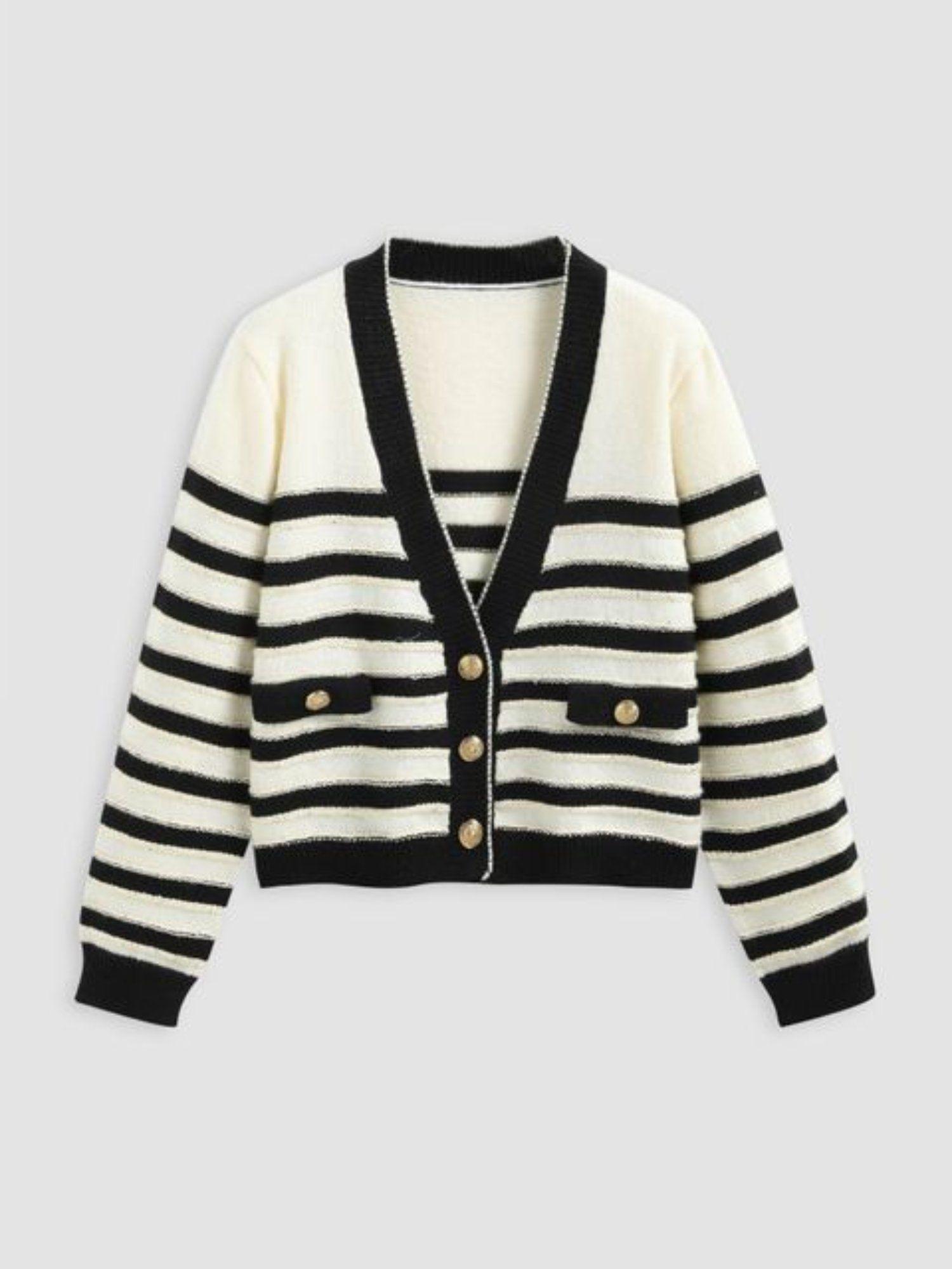 knit v neck striped button cardigan