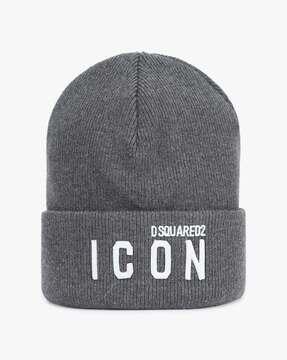 knit wool beanie with icon logo patch