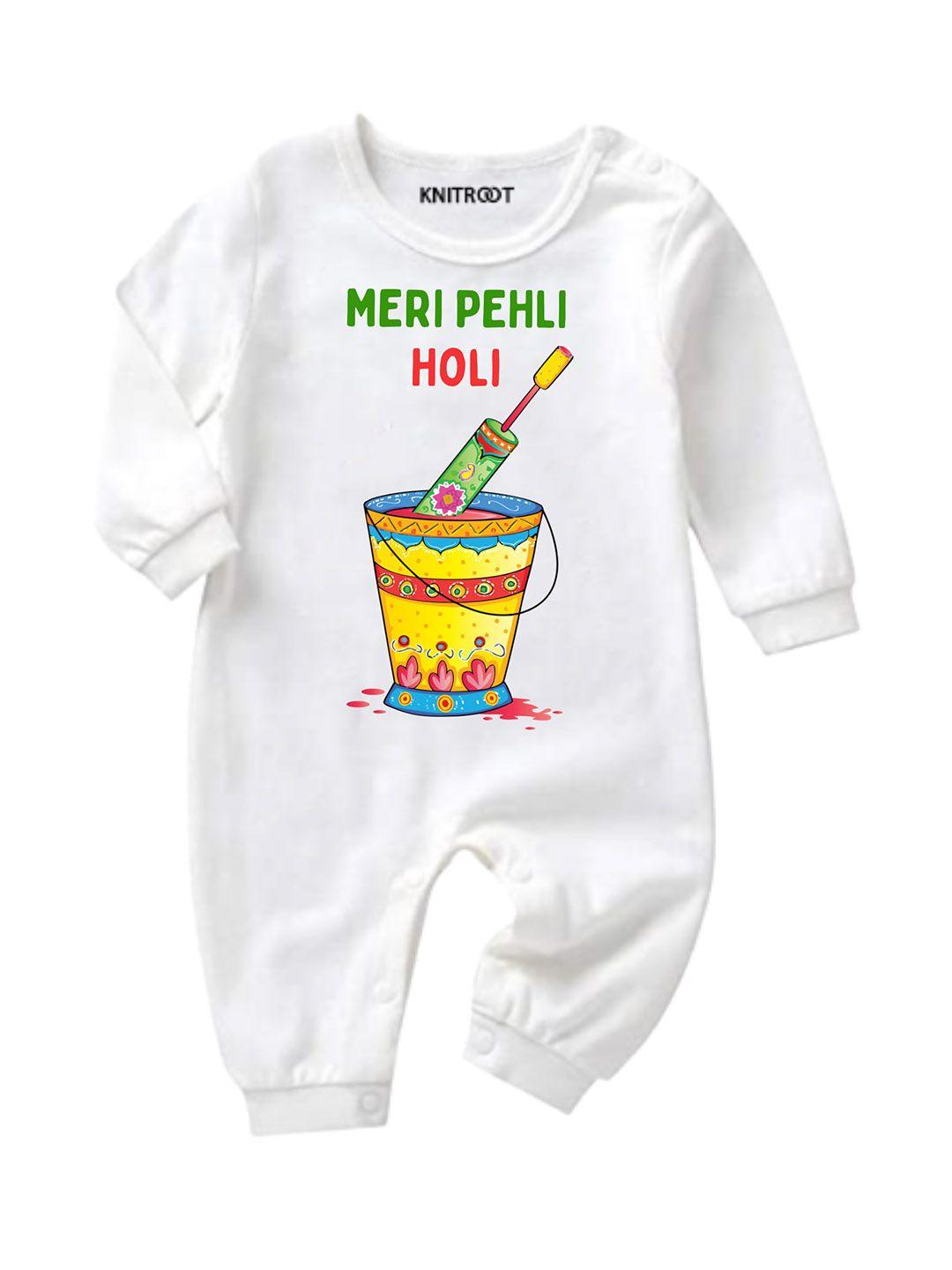 knitroot infants kids white pehli holi printed regular fit cotton rompers