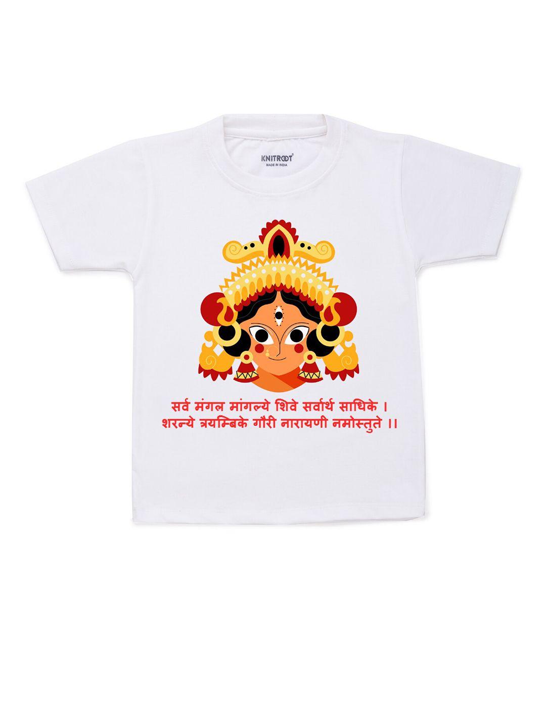 knitroot unisex kids white & yellow sarv mangal printed t-shirt