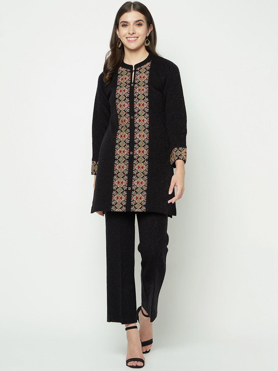 knitstudio ethnic motifs printed mandarin collar jacquard weave kurta with trousers