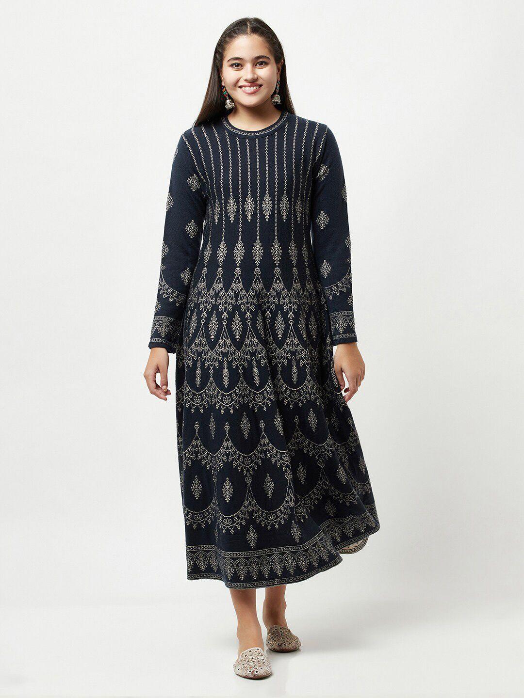 knitstudio ethnic motifs printed pure woollen a-line midi ethnic dress