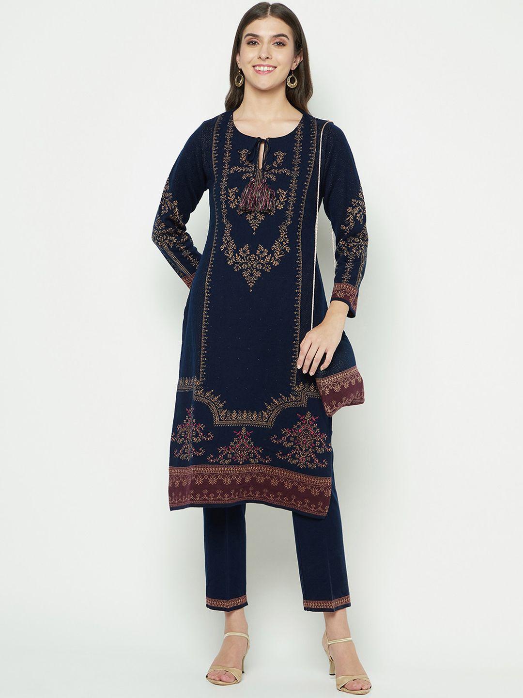 knitstudio ethnic motifs self design kniited straight kurta with trousers