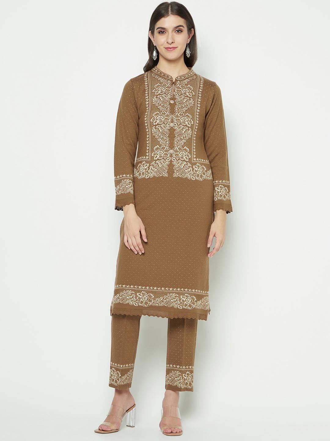 knitstudio floral self design kniited straight kurta with trousers