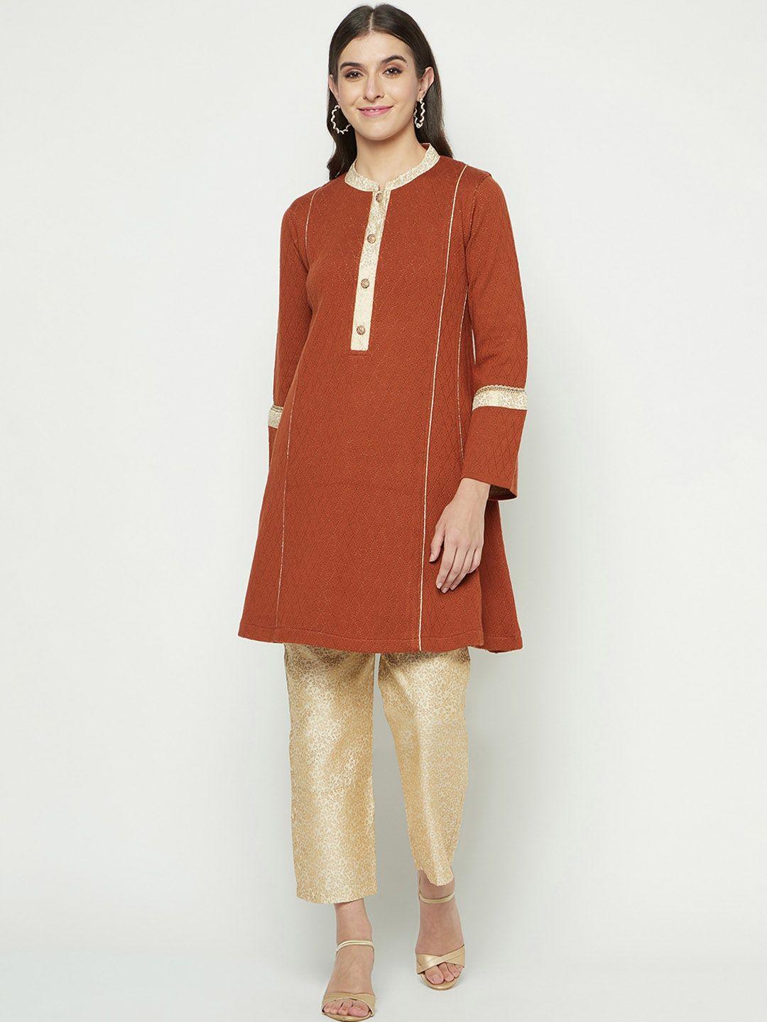 knitstudio mandarin collar knitted a-line kurti with trousers