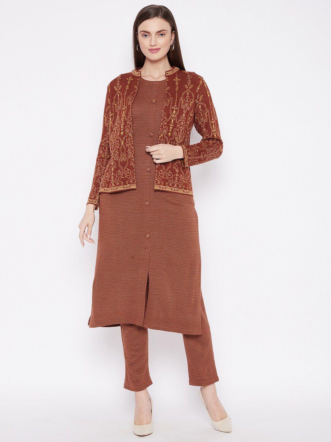 knitstudio women solid kurta with trousers & jacket