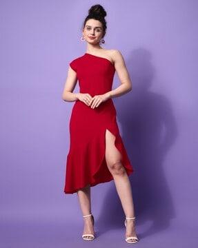 knitted fit & flare dress with slit